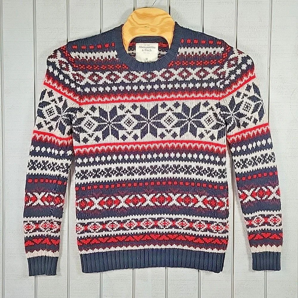 Abercrombie & Fitch Crewneck Dress Sweater Men's Size M Patterned Red White Blue